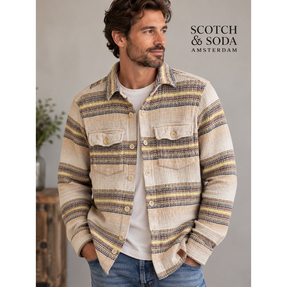 Scotch & Soda Mens Textured Striped Organic Cotton Button Down Shirt Small Small